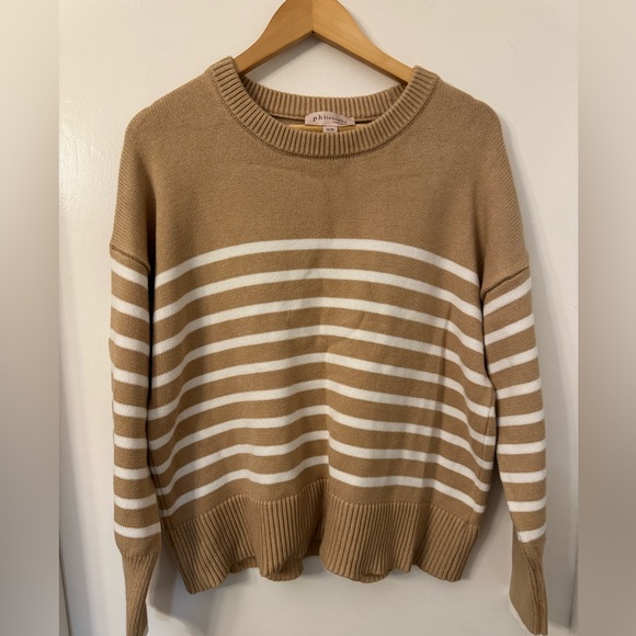 Philosophy Sweaters - Philosophy camel and white striped crewneck sweater.